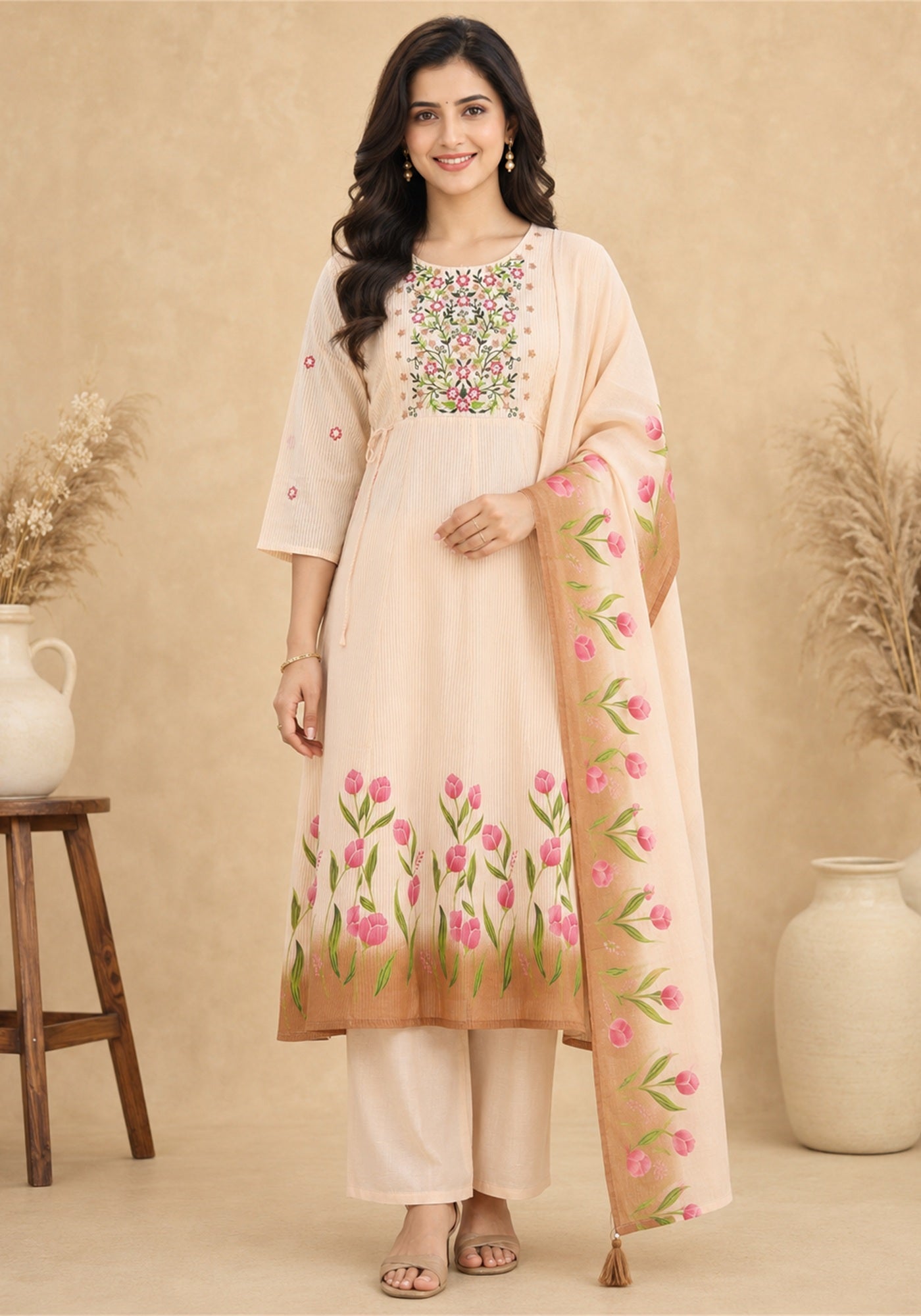 Blush Pink Cotton Floral Embroidered Kurta Pant Set with Dupatta - Blush Pink with Rose Pink - view 1